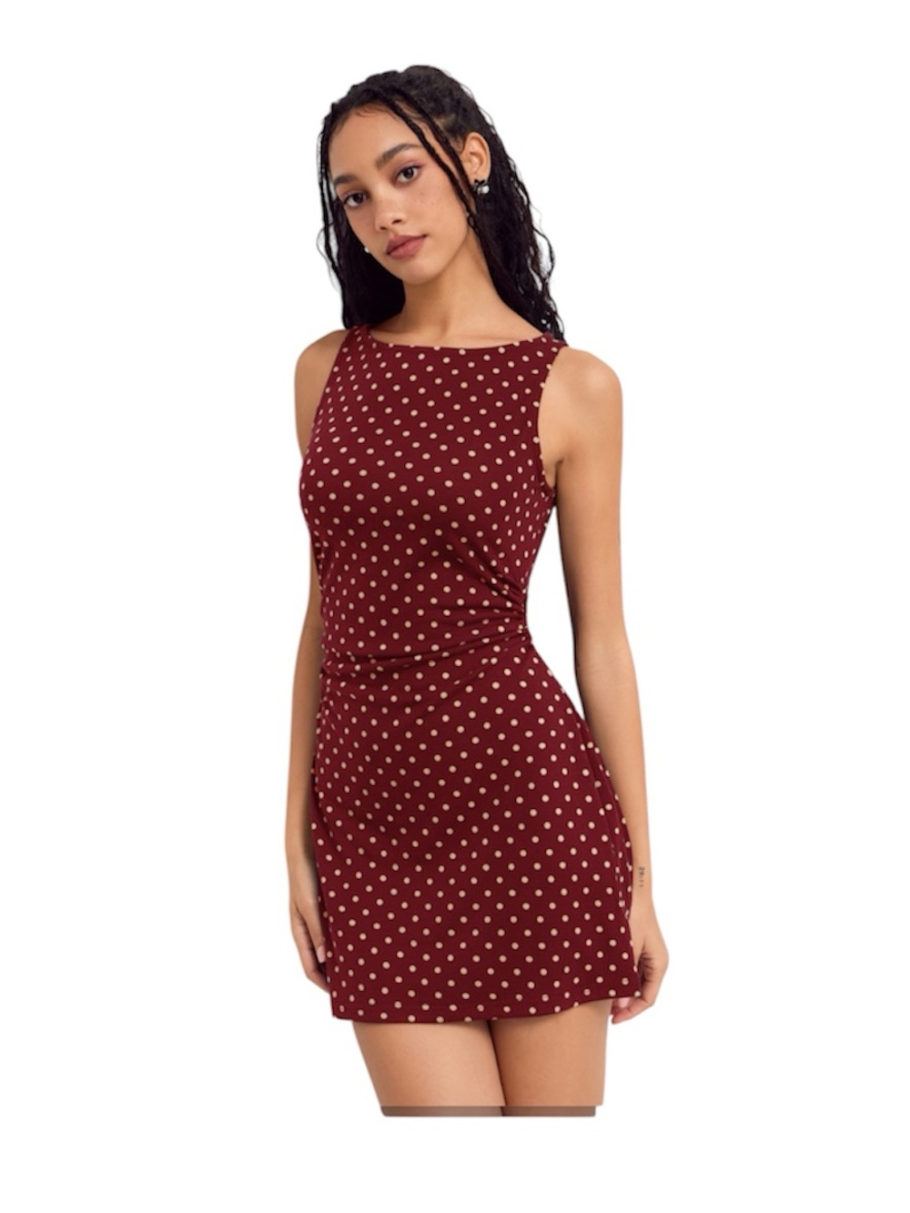 CIDER Red Cream Polka Dot Boatneck Mini Dress Ruching Size Medium